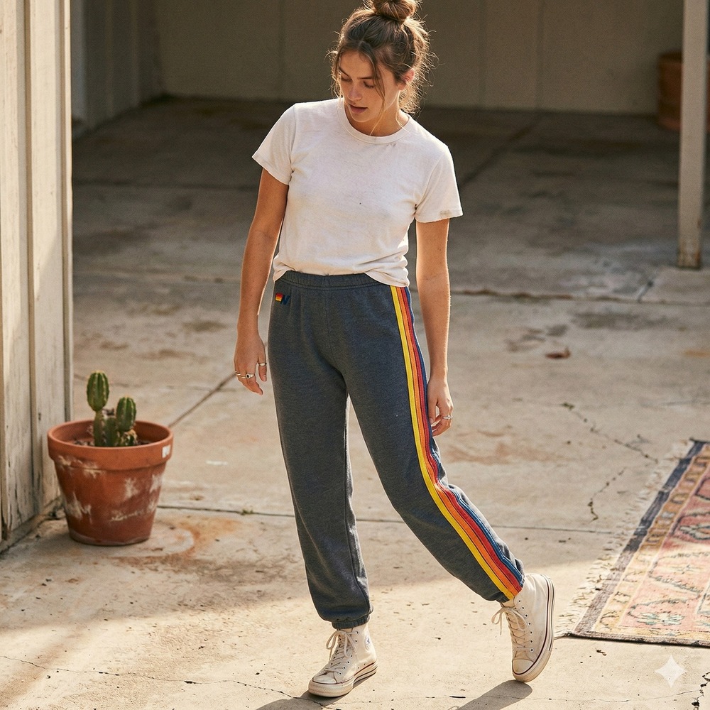 Aviator‎ Nation Jogger Sweatpants Womens XS Charcoal Gray Rainbow Stripe Surf CA